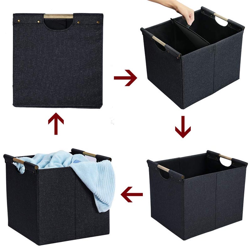 HOONEX Large Collapsible Storage Bins, Linen Fabric, 2 Pack, Storage Baskets with Wooden Carry Handles and Sturdy Heavy Cardboard, for Home, Office, Car, Nursery, Dark Grey - Image 5